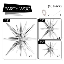Load image into Gallery viewer, PartyWoo Silver Star Foil Balloons 10 pcs Different Sizes Pack of 42 27 22 Inch Large Spike Starburst Mylar Balloons and Ribbon for Graduation Wedding New Year Anniversary Birthday Party Decorations