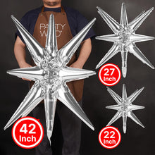 Load image into Gallery viewer, PartyWoo Silver Star Foil Balloons 10 pcs Different Sizes Pack of 42 27 22 Inch Large Spike Starburst Mylar Balloons and Ribbon for Graduation Wedding New Year Anniversary Birthday Party Decorations