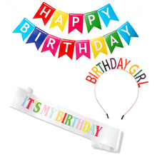Load image into Gallery viewer, VUDECO Rainbow Birthday Party Set for Kids - Tiara, Sash, Banner
