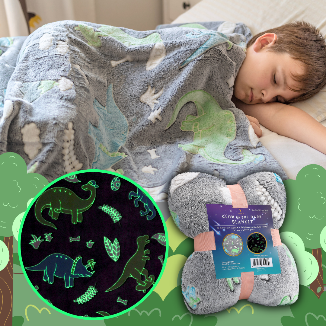 VUDECO Glow in The Dark Blanket for Kids 50 x 60 inches (Leaf Dinosaur