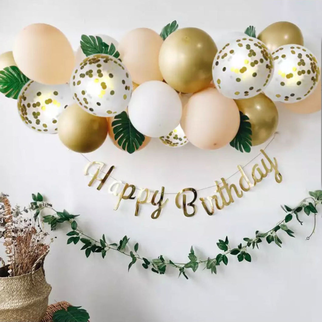 Partywoo 28Pcs Jungle Party Balloons Garland Arch Kit, Gold Apricot Balloons,Happy Birthday Banner with Artificial Tropical Palm Leaves