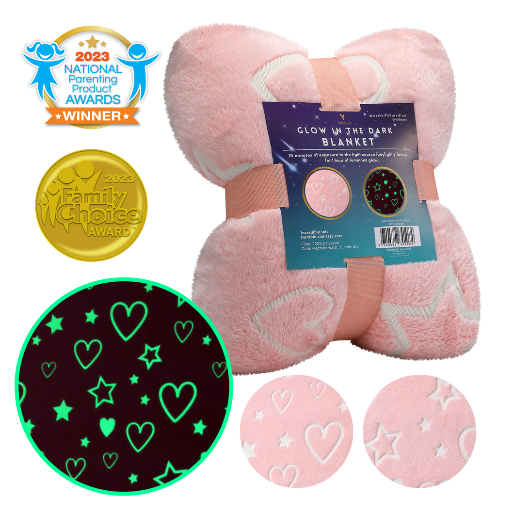 VUDECO Glow in The Dark Blanket for Kids 50 x 60 inches (Pink Heart)