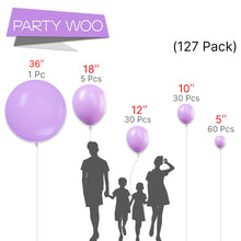 Load image into Gallery viewer, PartyWoo Pastel Purple Balloons 127 pcs Different Sizes Pack of 36 18 12 10 5 Inch Light Pastel Purple Lavender Lilac Balloon Arch Kit Garland for Baby Shower Birthday Party Decorations Purple-Q10
