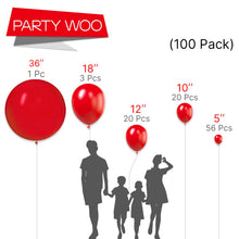 Load image into Gallery viewer, PartyWoo Red Balloons, 100 pcs Red Balloons Different Sizes Pack of 36 Inch 18 Inch 12 Inch 10 Inch 5 Inch for Balloon Garland as Birthday Decorations, Wedding Decorations, Party Decorations
