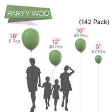 Load image into Gallery viewer, PartyWoo Sage Green Balloons 142 pcs Olive Balloons Different Sizes Pack of 18 12 10 5 Inch Olive Green Balloon Arch Kit Sage Balloon Garland as Forest Baby Shower Birthday Party Decorations Green-F81
