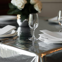 Load image into Gallery viewer, PartyWoo 3 pcs Silver Foil Table Cover, 54 x 108 Inch Rectangle Waterproof Tablecloth for 6 to 8 Foot Tables, Disposable Plastic Party Tablecloth for Graduation Wedding Birthday Party Decorations
