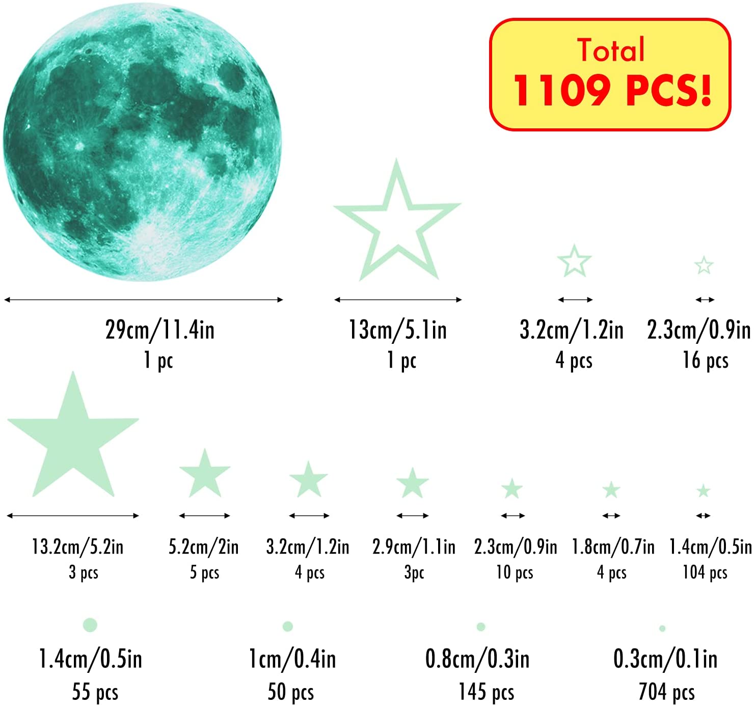10pcs Large Glow In The Dark Stars and Moon, Stick On Stars Glow In Dark  Kids Room Decoration, Glow In Dark Stars for Ceiling Wall